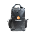 Black 50L heavy-duty dry bag with adjustable straps by Emerge Survival, designed for waterproof storage and outdoor adventure.