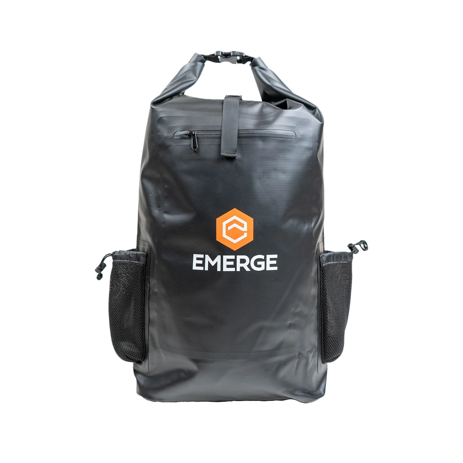 Black 50L heavy-duty dry bag with adjustable straps by Emerge Survival, designed for waterproof storage and outdoor adventure.
