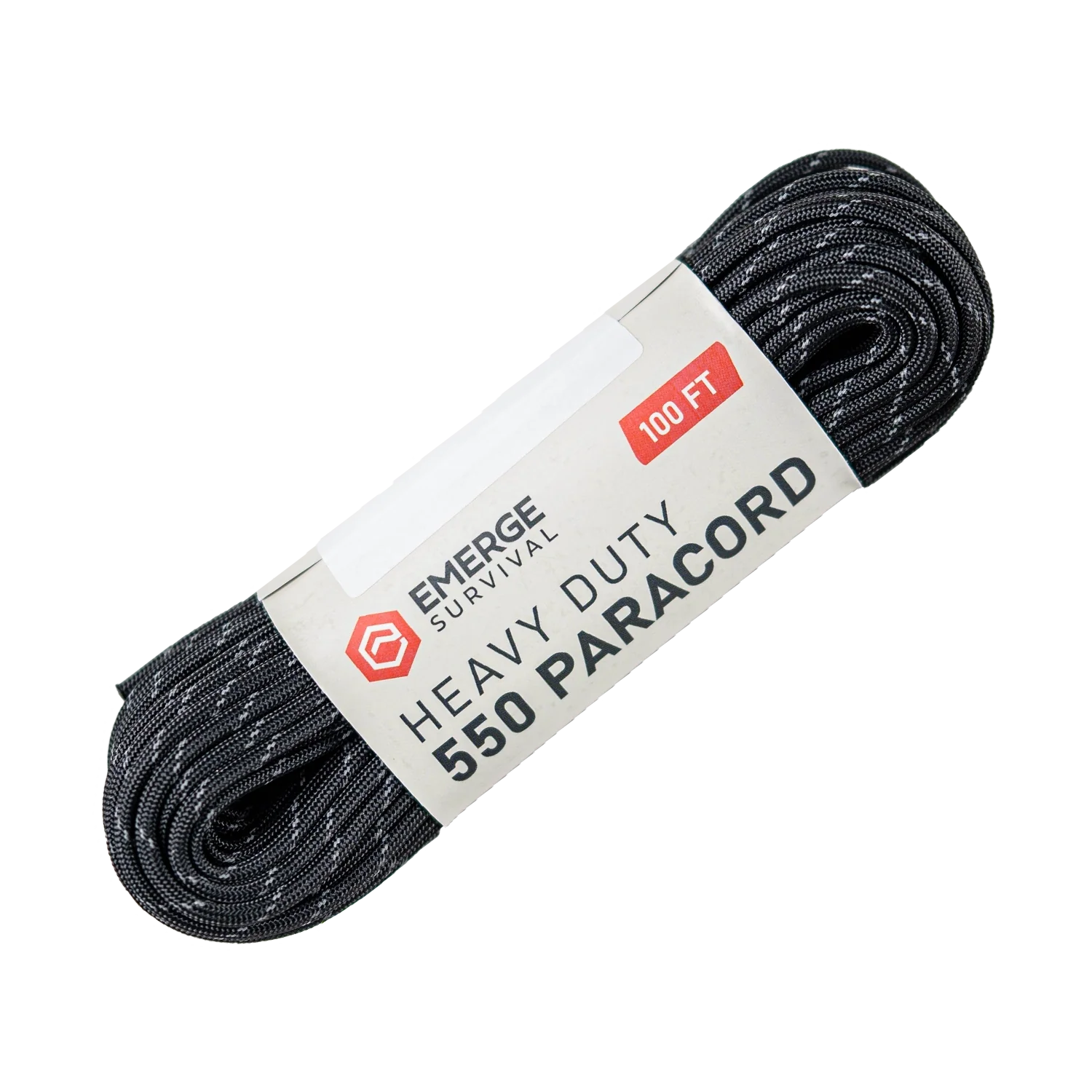 100ft heavy duty paracord by Emerge Survival, showing durable nylon exterior and versatile outdoor use on a webbed background.