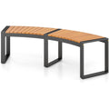 Outdoor metal frame garden bench with wood slats and modern arch design, backless, ideal for outdoor garden seating.