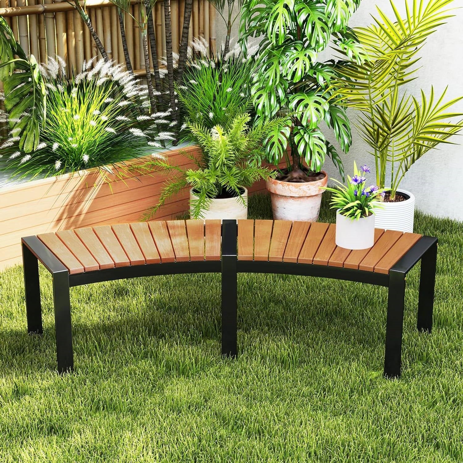 Outdoor metal frame garden bench with wood slats and modern arch design, backless, ideal for outdoor patio or garden spaces.