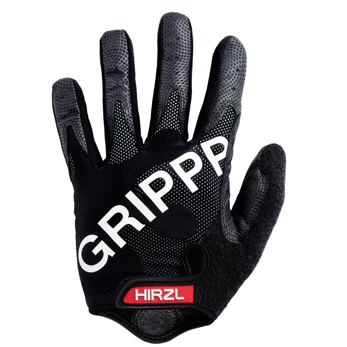 Black HIRZL Tour FF 1.0 leather bike gloves by ZEITBIKE displayed from the back with white background and grip details.