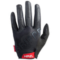Black leather HIRZL Tour FF 2.0 bike gloves with white accents, showing the back of the gloves with grip details.