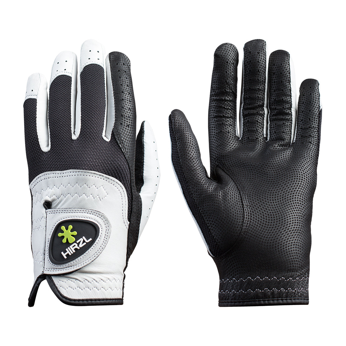 ZEITBIKE HIRZL Trust Control 2.0 golf gloves in white and black, showing both gloves with textured grip and branding details.