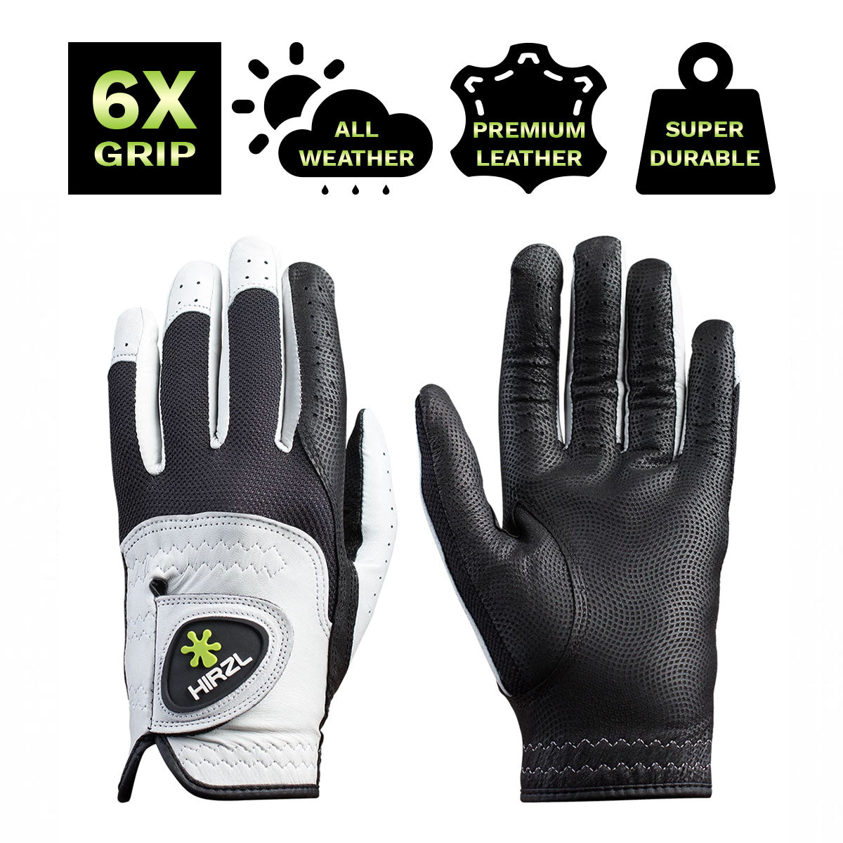 ZEITBIKE HIRZL Trust Control 2.0 golf gloves in white and black, featuring breathable fabric and adjustable wrist strap.