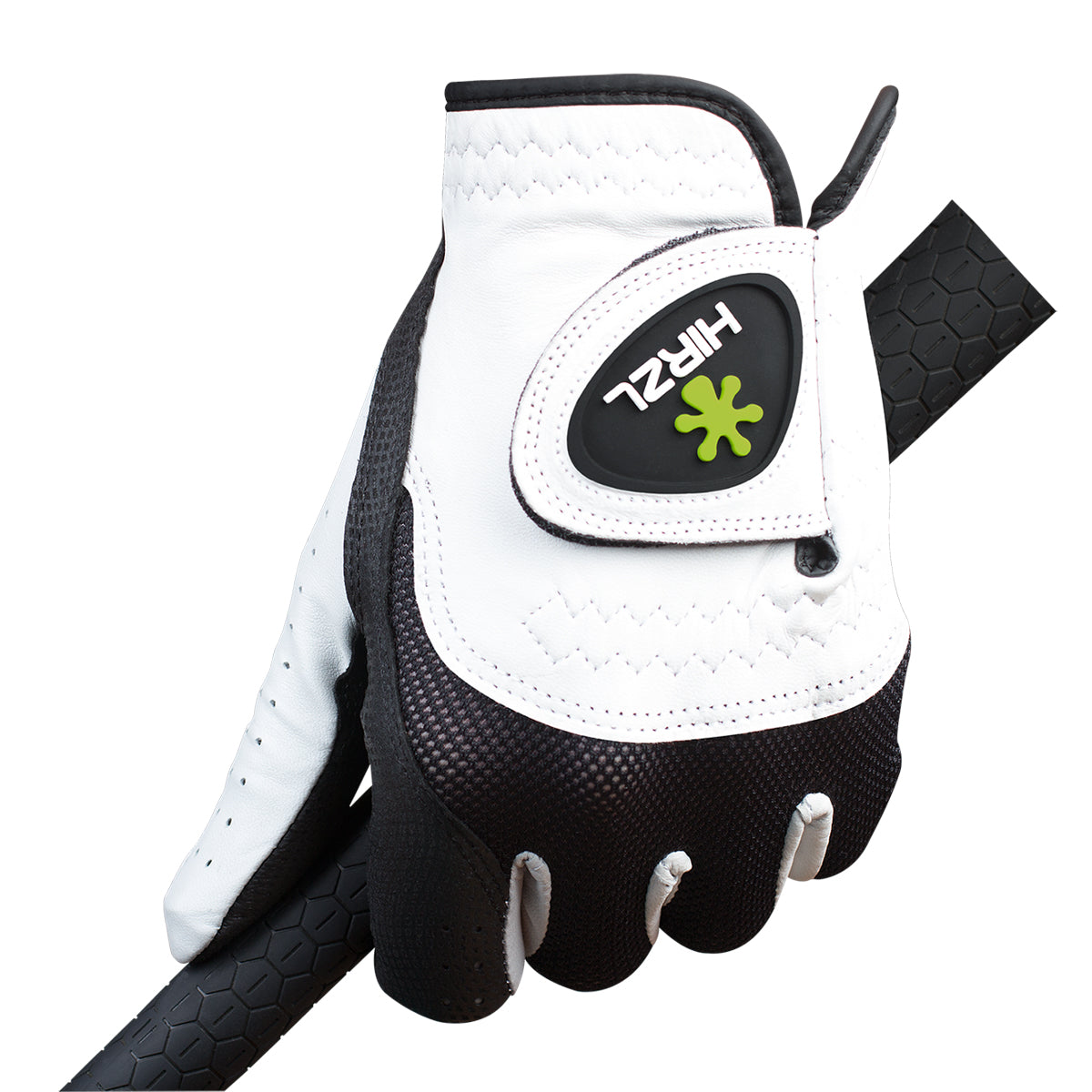 ZEITBIKE HIRZL Trust Control 2.0 golf gloves in white and black, showing the textured leather palm and flexible fit.