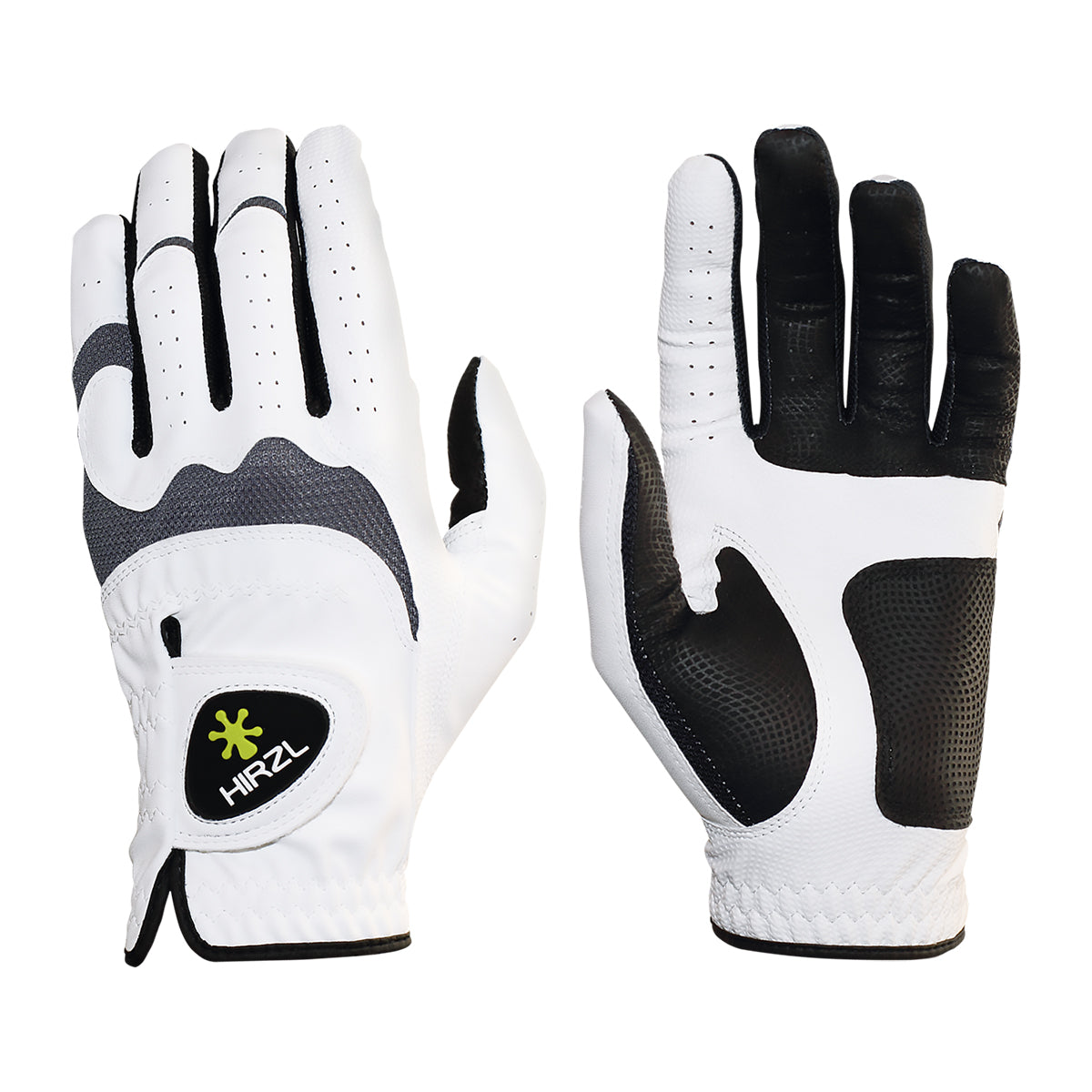 ZEITBIKE HIRZL Trust Hybrid golf gloves in white and black, showing the breathable fabric and secure fit design.