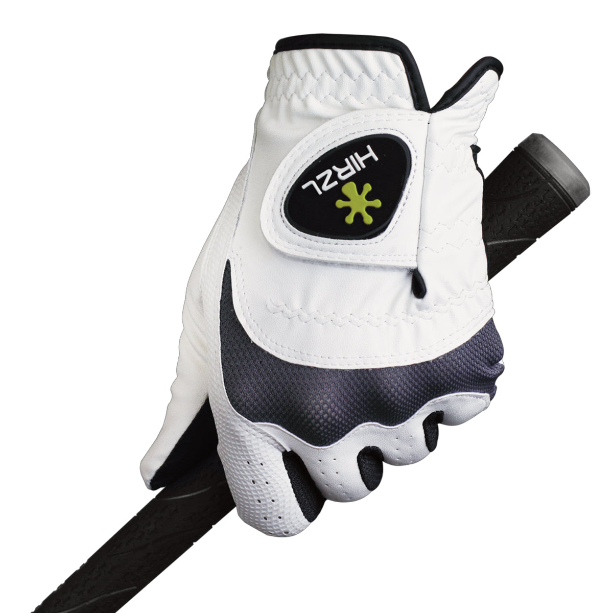 ZEITBIKE HIRZL Trust Hybrid golf gloves in white and black, showing the textured palm and flexible finger design.