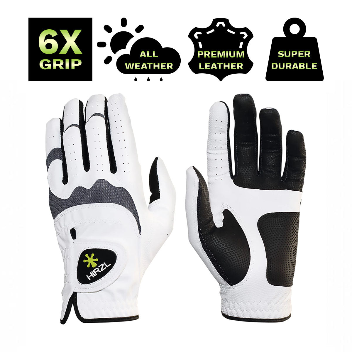 ZEITBIKE HIRZL Trust Hybrid golf gloves in white and black, showing the textured palm and sleek design for optimal grip and comfort.