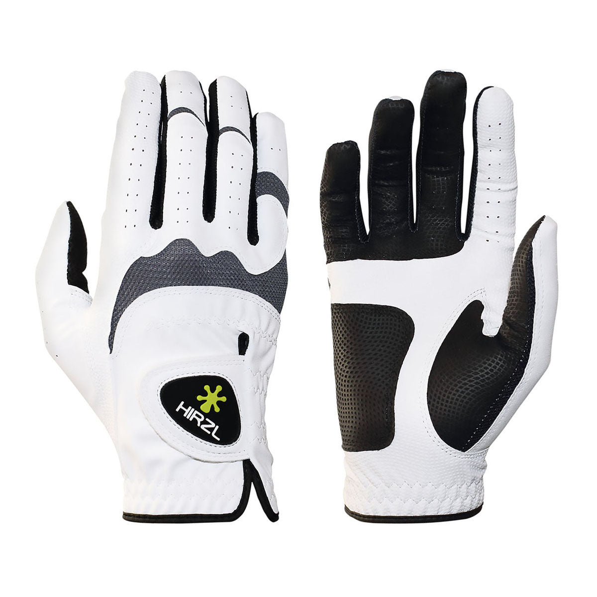 ZEITBIKE HIRZL Trust Hybrid golf gloves in white and black, showing the textured palm and breathable fabric design.