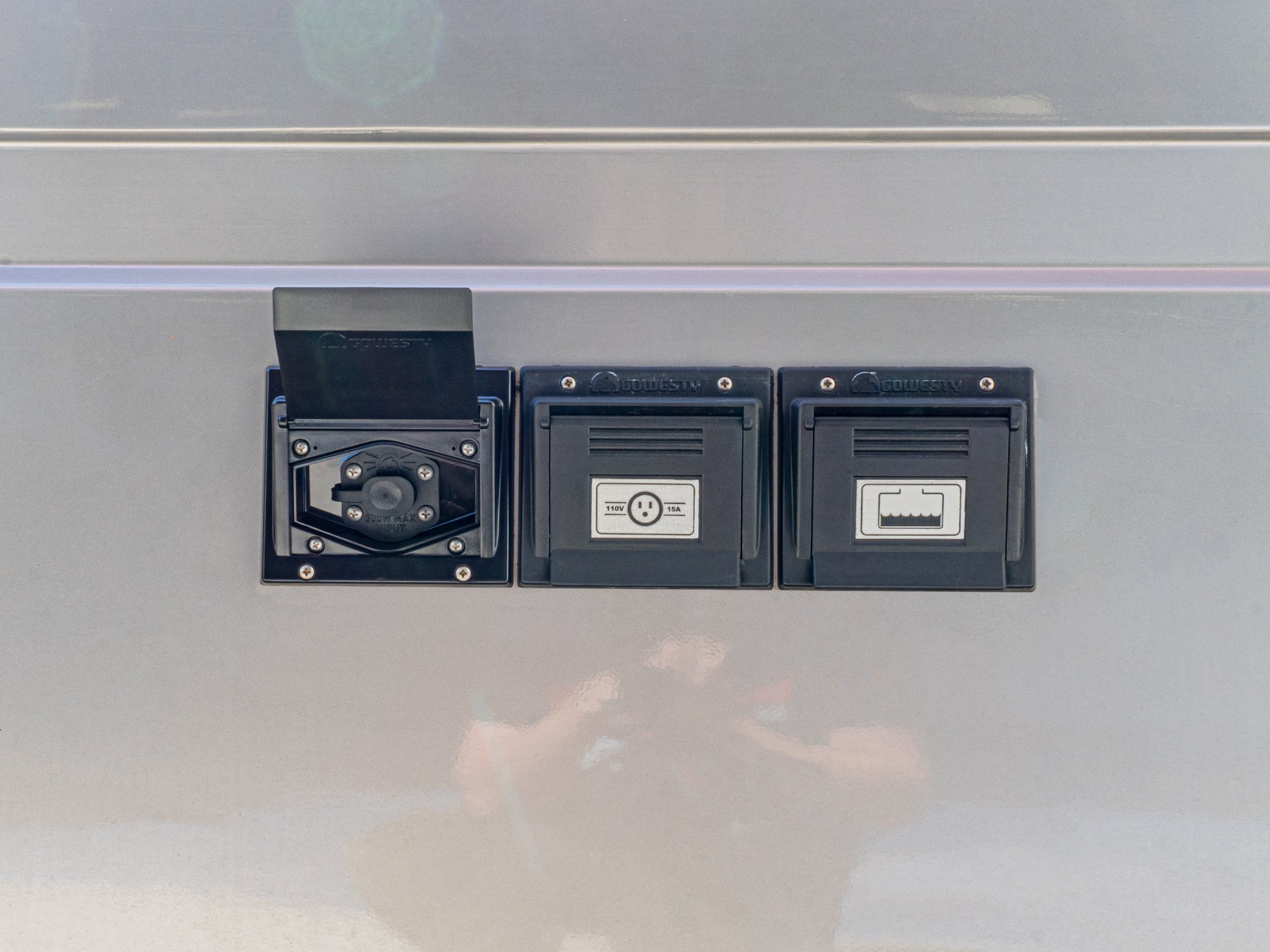 GoWesty Solar Hook-Up Box with multiple connection ports for easy solar power setup on RVs and campers.