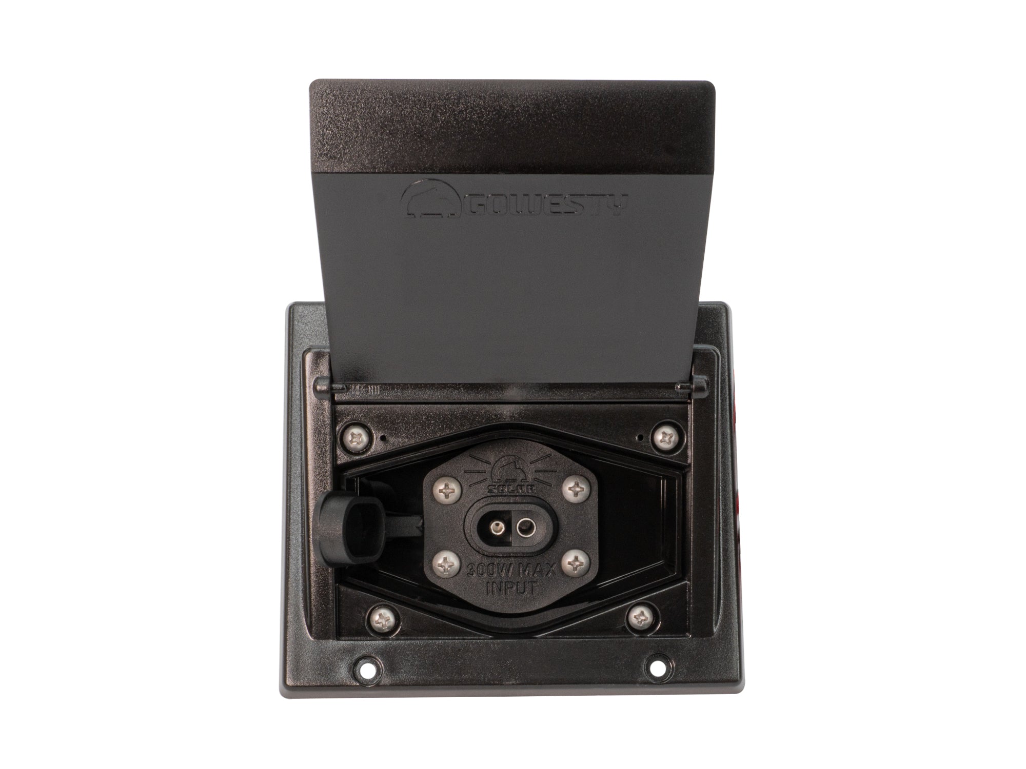 GoWesty solar hook-up box with front-facing panel for easy solar power connection on RV or campervan.