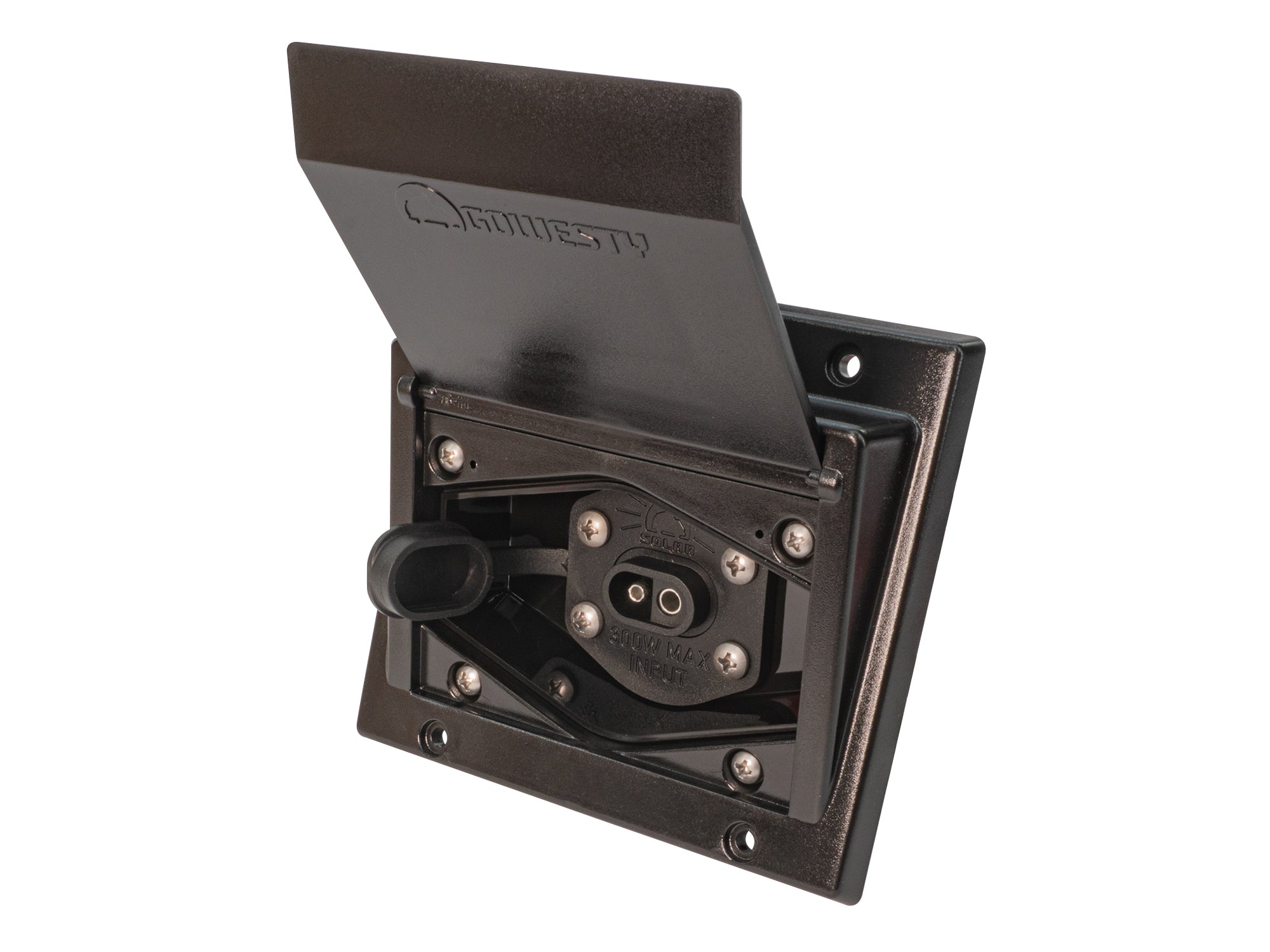 GoWesty solar hook-up box with front view showing electrical connection ports and durable outdoor design.