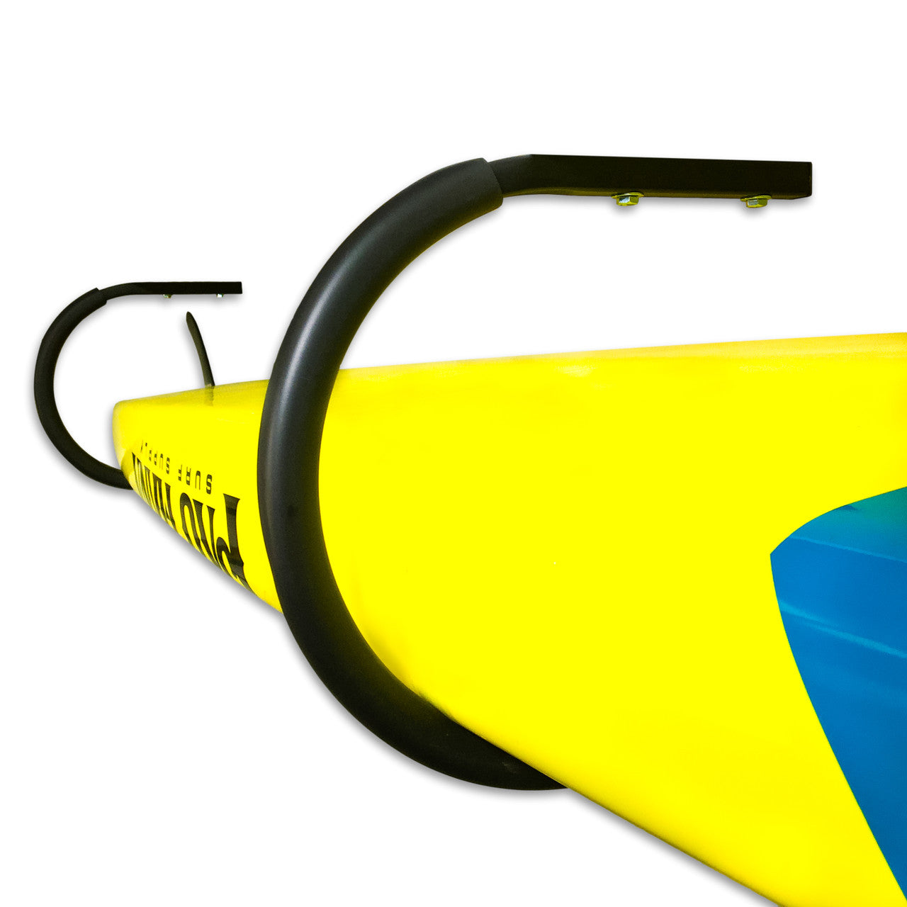 Yellow inflatable tube with black handles on a white background