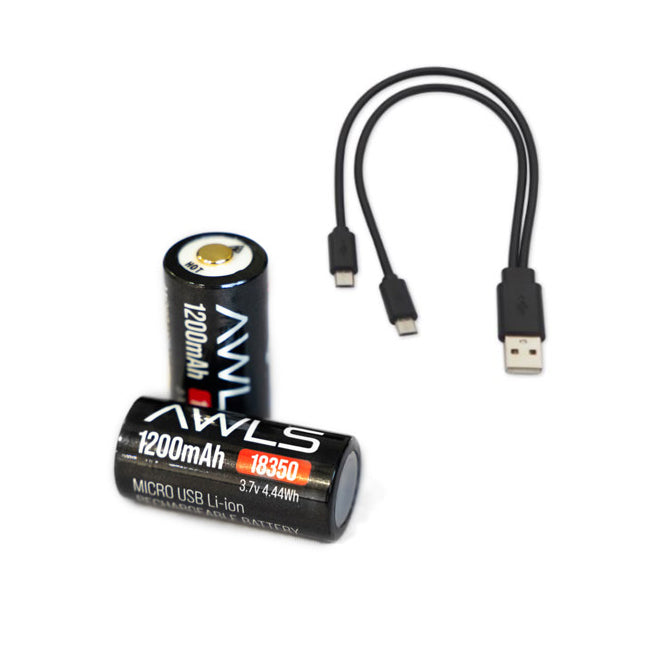 HCC Tactical AWLS USB batteries for illumination and marking, shown in a compact cylindrical design with branding.