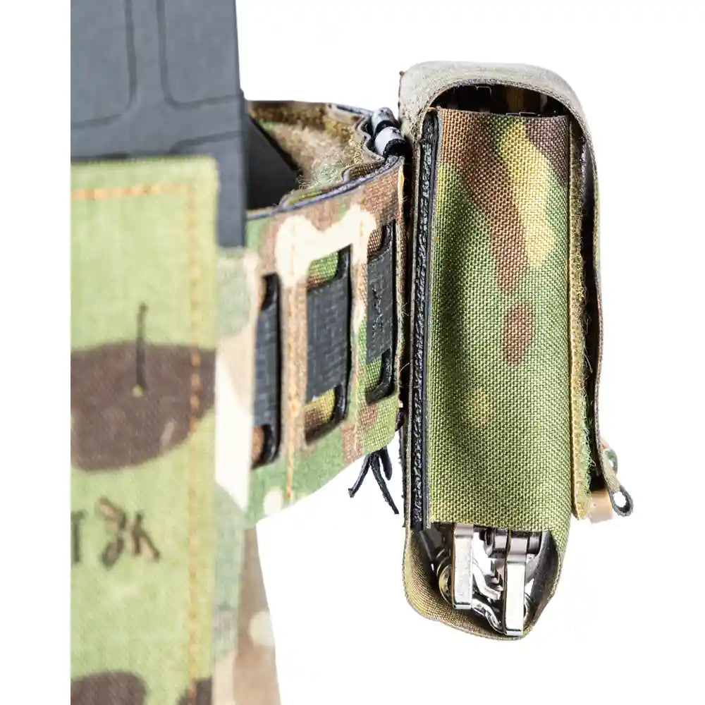 HCC Tactical ARC handcuff pouch in black tactical gear with secure flap and belt attachment for law enforcement use.