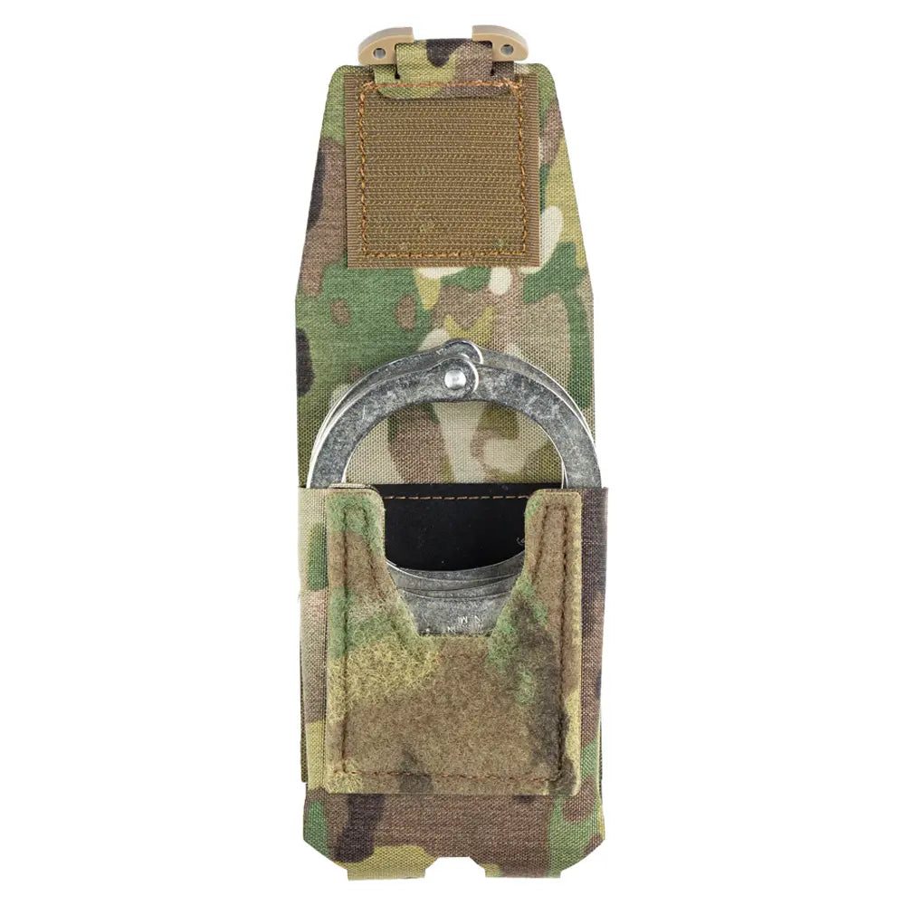 HCC Tactical ARC Handcuff Pouch in black tactical gear with secure belt loop attachment and multiple compartments.