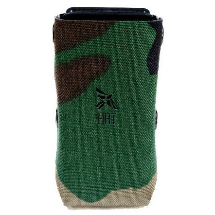 HCC Tactical ARC pistol pouch in woodland camouflage, rigid tactical gear with multiple compartments for firearm storage.