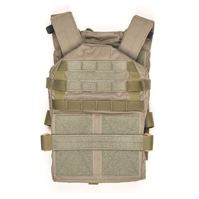 HCC Tactical RAC Plate Carrier in Ranger Green, showcasing adjustable straps and multiple attachment points for tactical use.