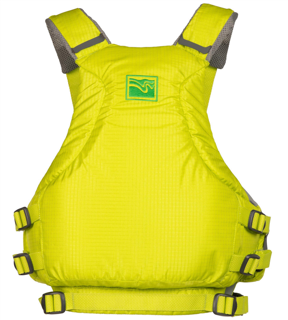 Kokatat unisex Hustler life vest PFD in vibrant yellow with adjustable straps and reflective accents for safety.