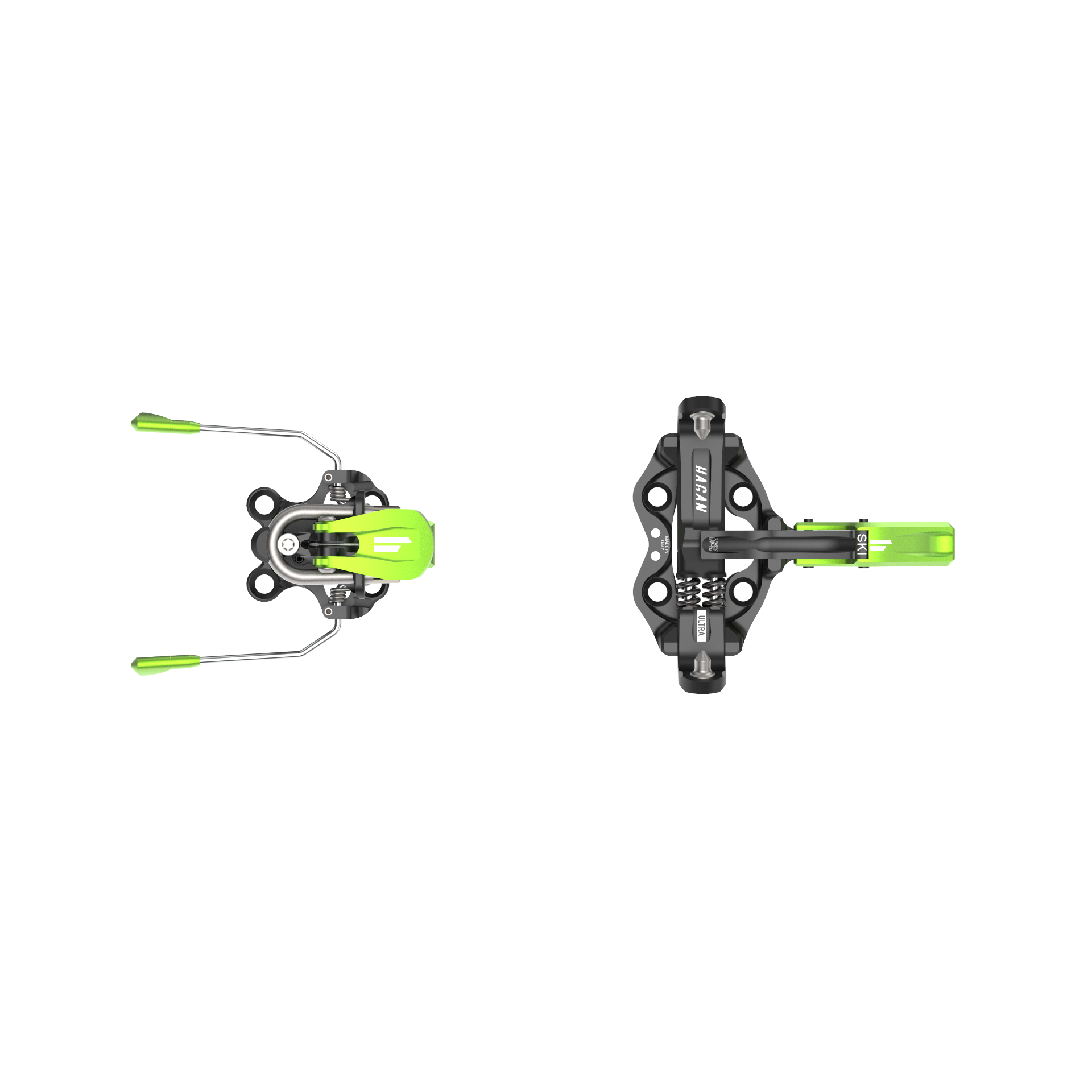 Hagan Ultra World Cup ski mountaineering brake with metal arms and mounting hardware, designed for secure binding attachment.