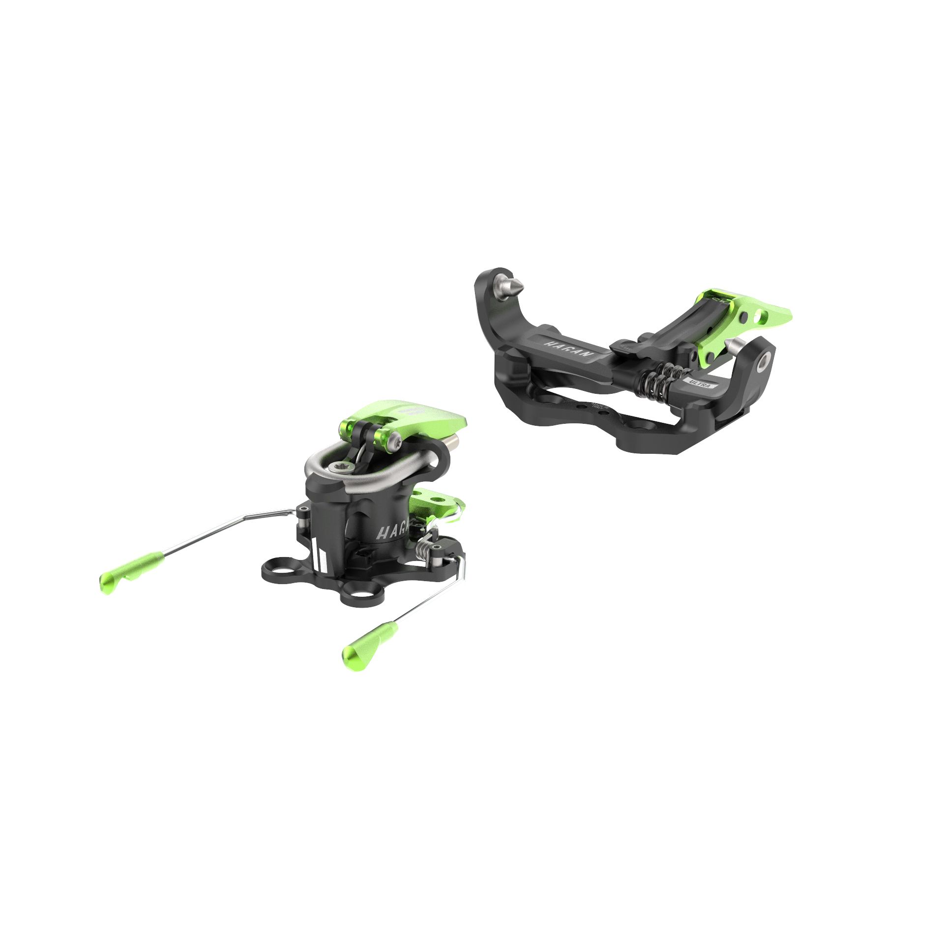 Hagan Ultra World Cup brake for ski mountaineering bindings, showing the sleek black design and mounting mechanism.