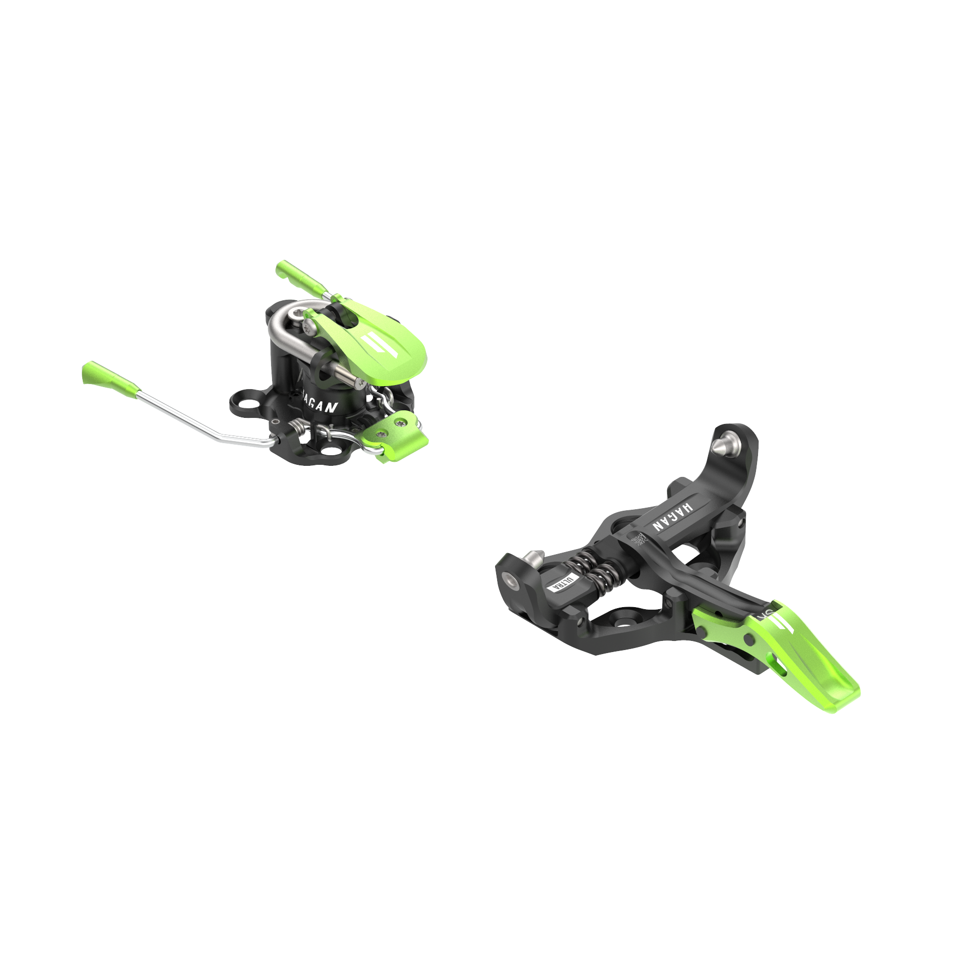 HAGAN Ultra World Cup Brake ski mountaineering bindings with sturdy metal brake arm and locking mechanism.