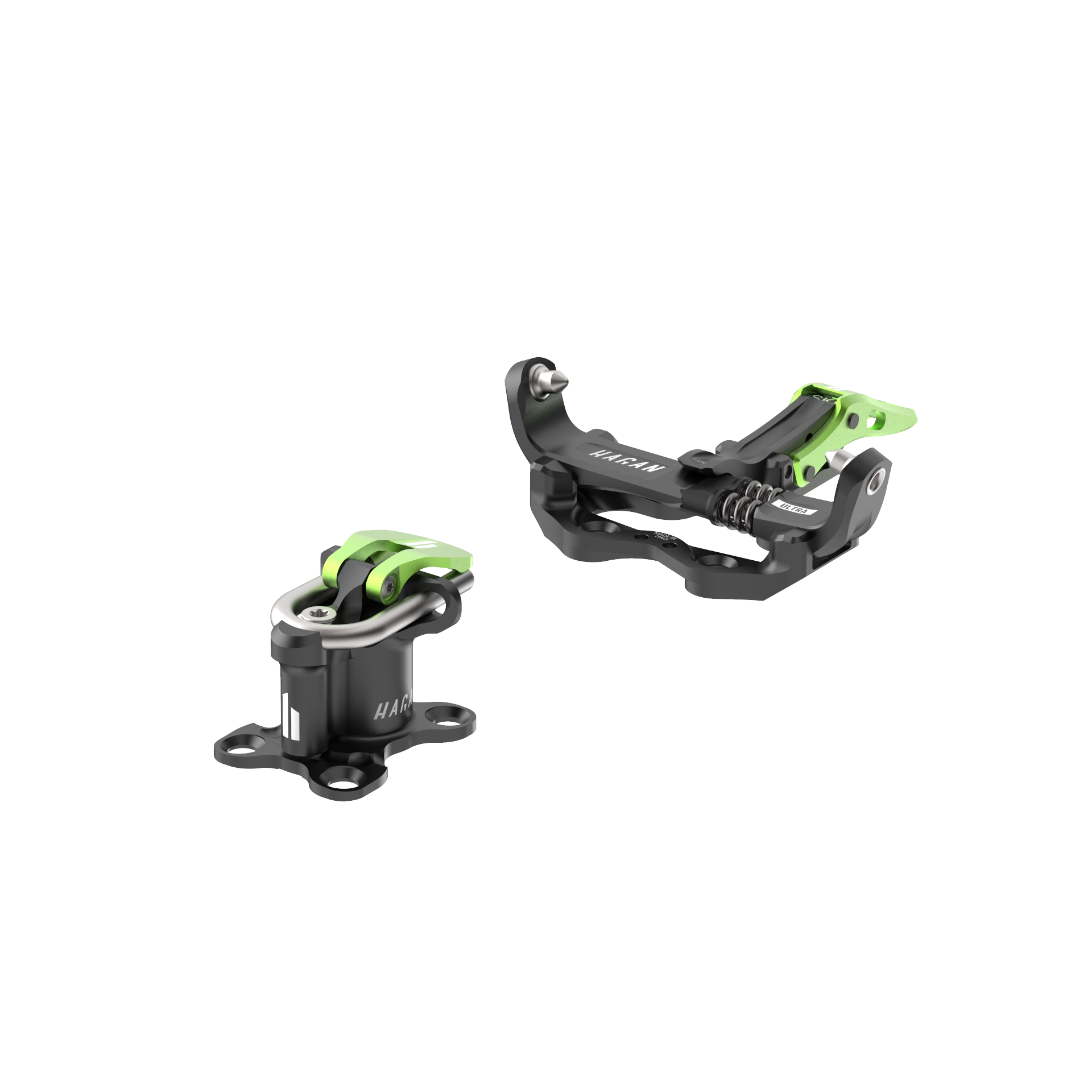 Hagan Ultra World Cup ski mountaineering bindings with sleek black design and adjustable heel mechanism.