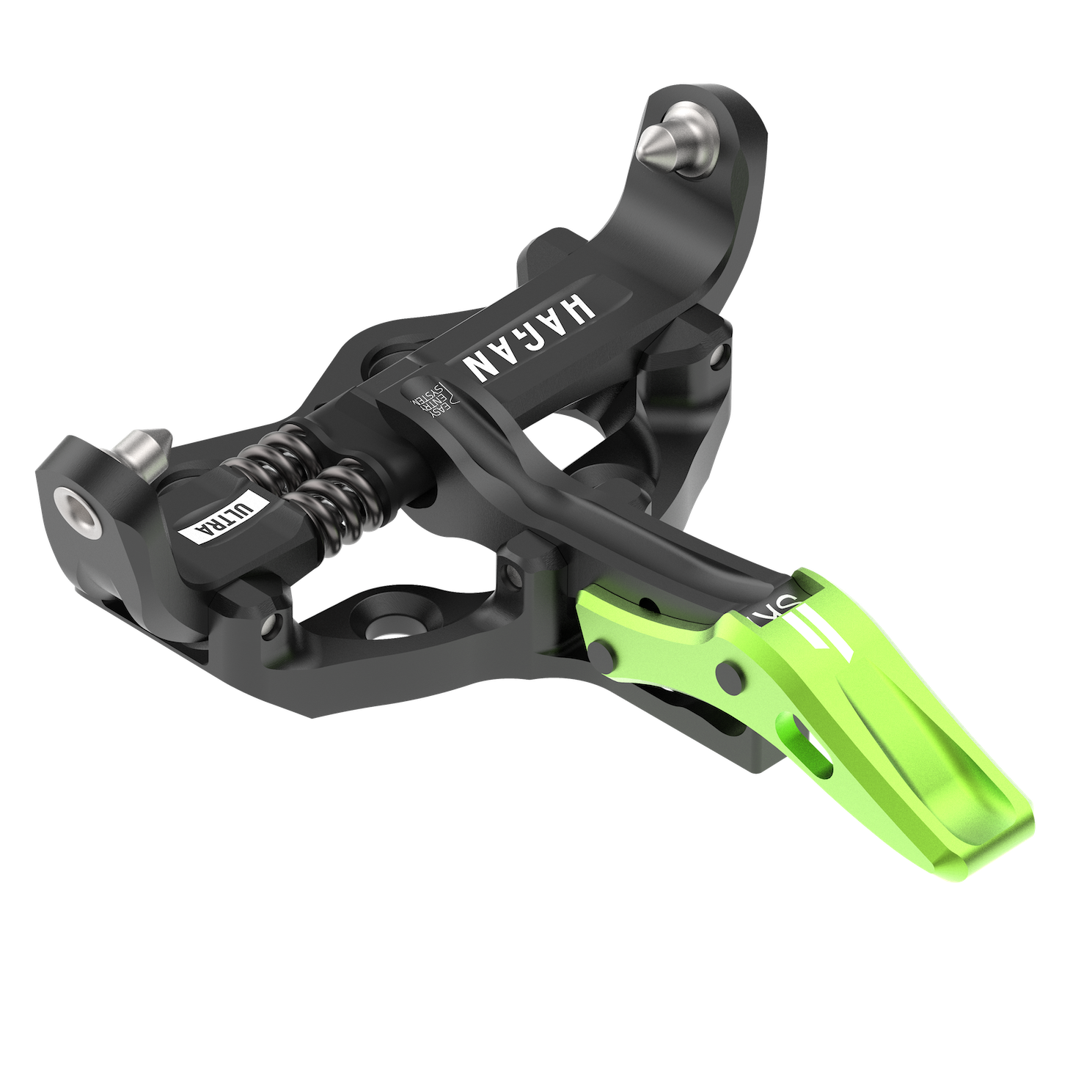 Hagan Ultra World Cup ski mountaineering bindings, black and silver, with adjustable levers and mounting plates for alpine skiing.