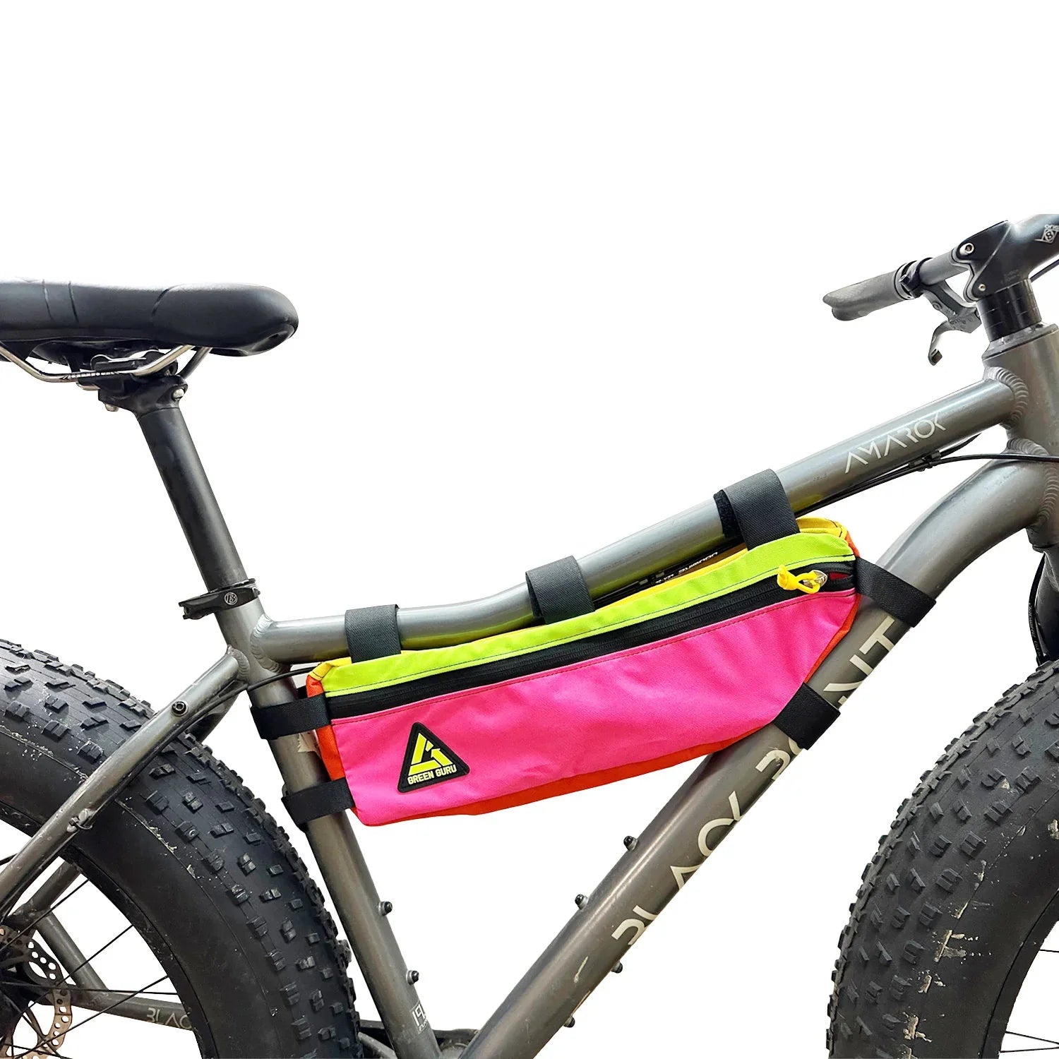 Green Guru Halfshift Frame Bag by ZEITBIKE mounted on a bike frame, made from recycled materials, designed for cycling storage.