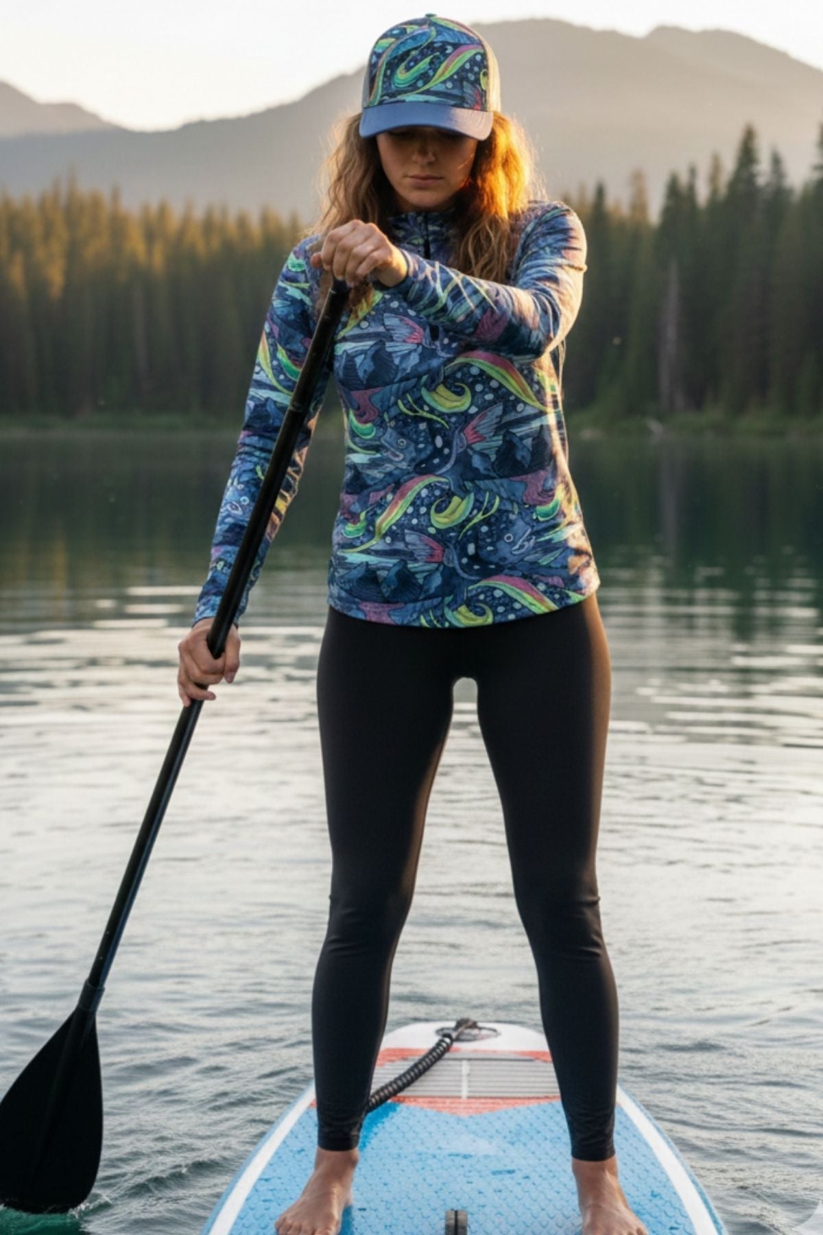 FisheWear HaliBorealis abstract trucker hat with vibrant colorful design and mesh back, casual hat for outdoor wear.