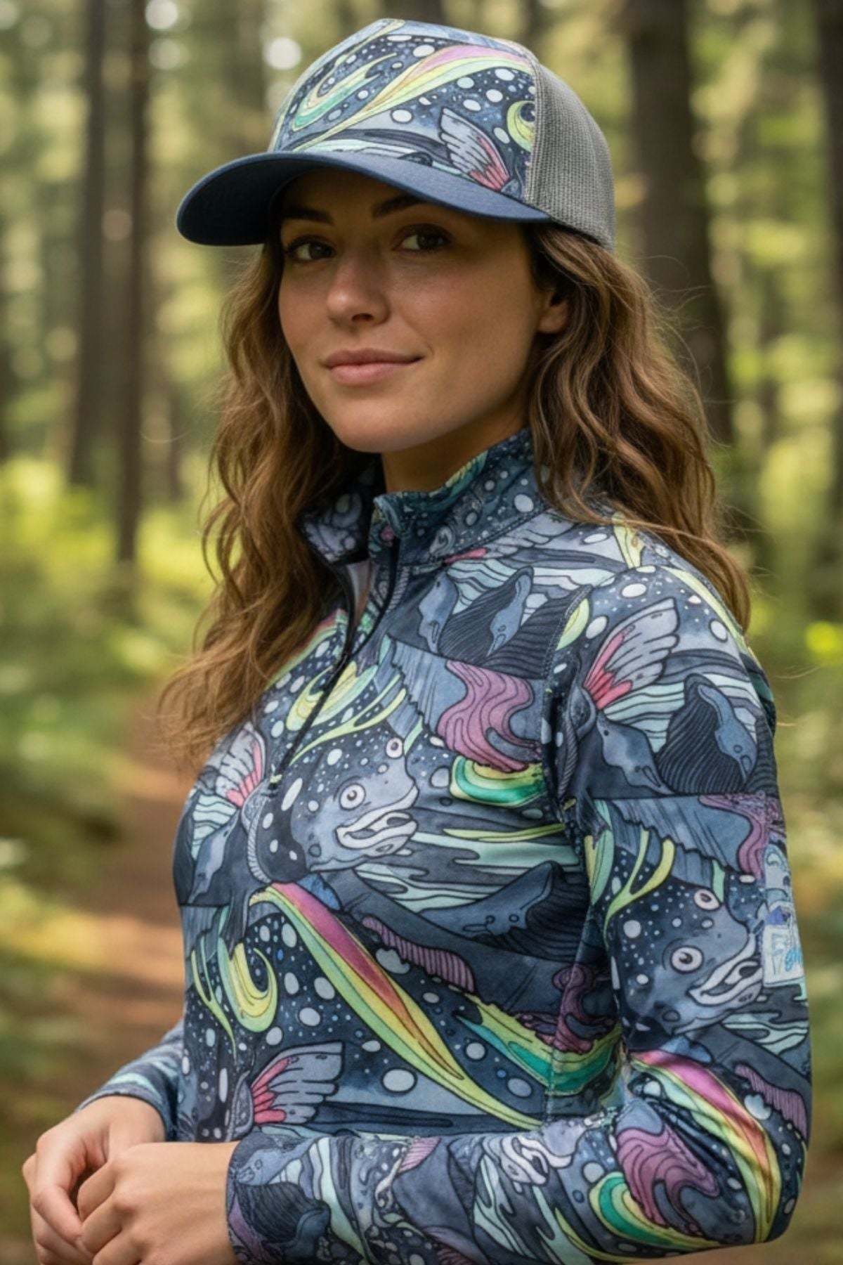 FisheWear HaliBorealis abstract trucker hat with colorful geometric design and mesh back, casual accessory for outdoor wear.