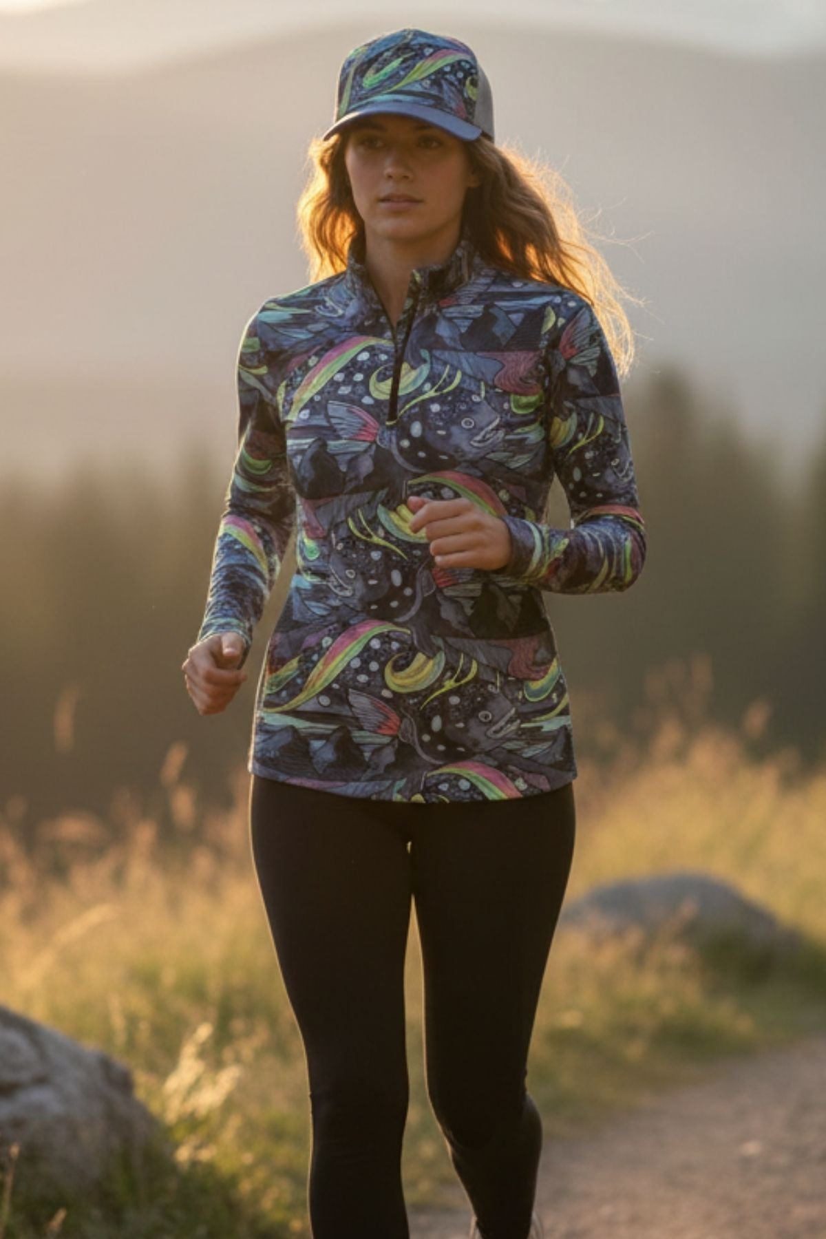 FisheWear HaliBorealis abstract trucker hat with colorful geometric design and mesh back, casual accessory for outdoor wear.