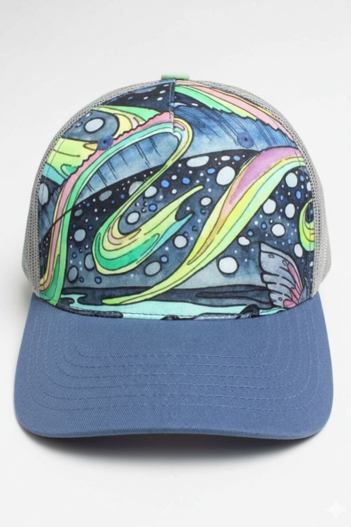 FisheWear HaliBorealis abstract trucker hat with colorful geometric design on mesh back and curved brim