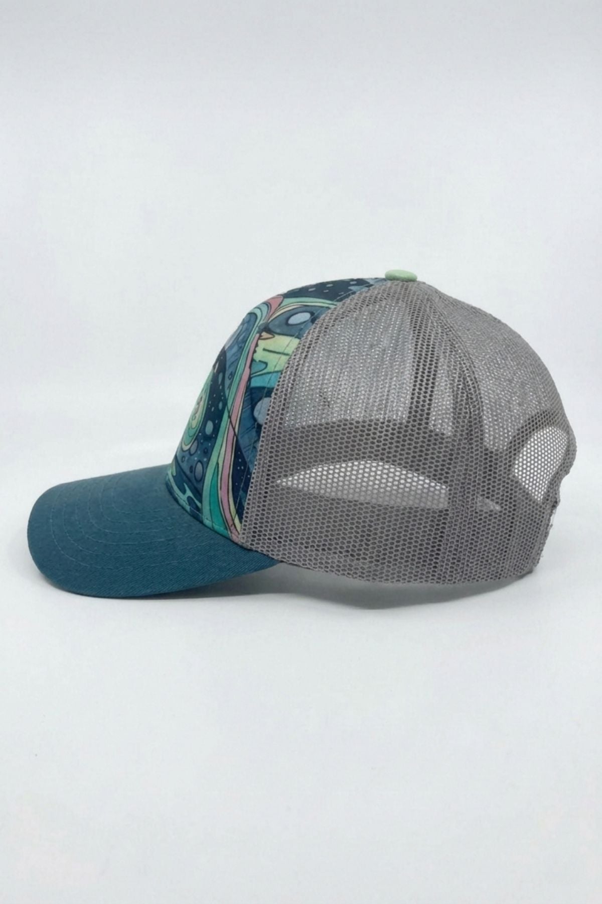 FisheWear HaliBorealis abstract trucker hat with colorful geometric design and mesh back, casual stylish headwear for outdoor wear