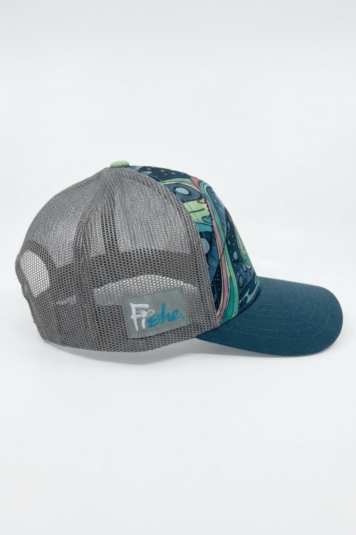 FisheWear HaliBorealis abstract trucker hat featuring a colorful, artistic design with mesh back and curved brim.
