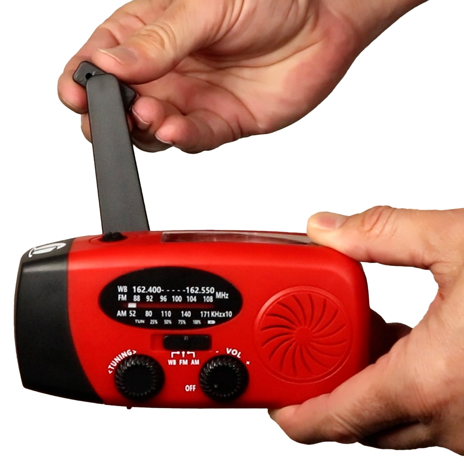 4-in-1 Dynamo NOAA radio and flashlight with hand crank, featuring AM/FM bands for emergency communication and lighting.