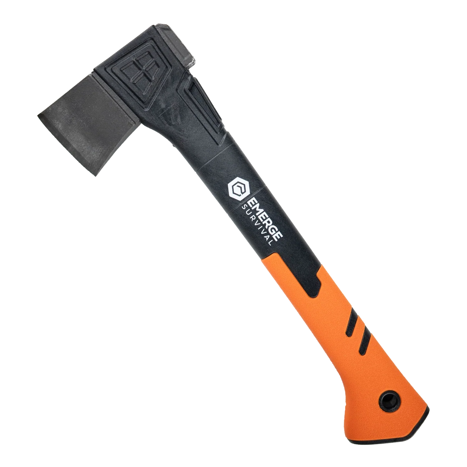 Emerge Survival hatchet with wooden handle and metal blade, ideal for camping and outdoor survival tasks.