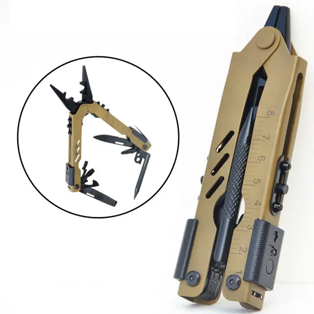 Outdoorzees multitool with stainless steel pliers, suitable for camping, hiking, and everyday tasks, shown with various tool functions.