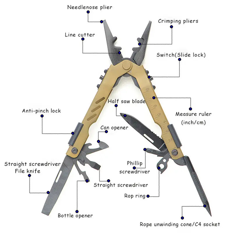 Outdoorzees stainless steel multitool with pliers, suitable for camping, hiking, and everyday tasks, displayed on a neutral background.