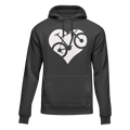 Black Heart Bike hoodie for adults by Outdoorzees, featuring a heart and bike graphic on cozy fleece material.