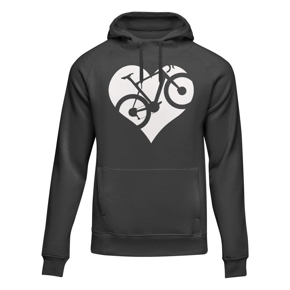 Black Heart Bike hoodie for adults by Outdoorzees, featuring a heart and bike graphic on cozy fleece material.
