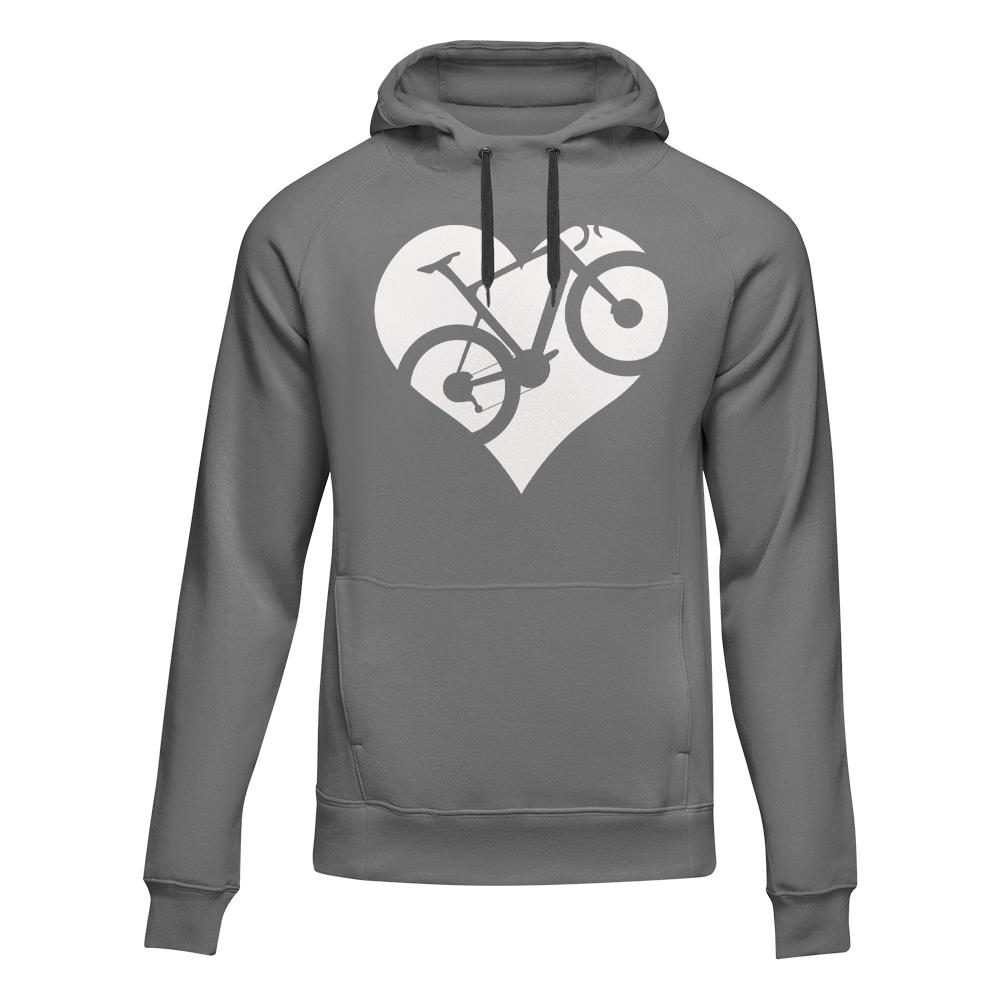 Grey Heart Bike hoodie for adults by Outdoorzees, featuring a heart and bike design on a cozy fleece hoodie.