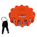 Orange heavy-duty strobing LED road flare with tool set, designed for safety and visibility on the road.