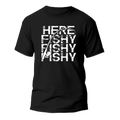 Black Here Fishy Fishy men's T-shirt by Outdoorzees featuring a playful fish graphic on the front.