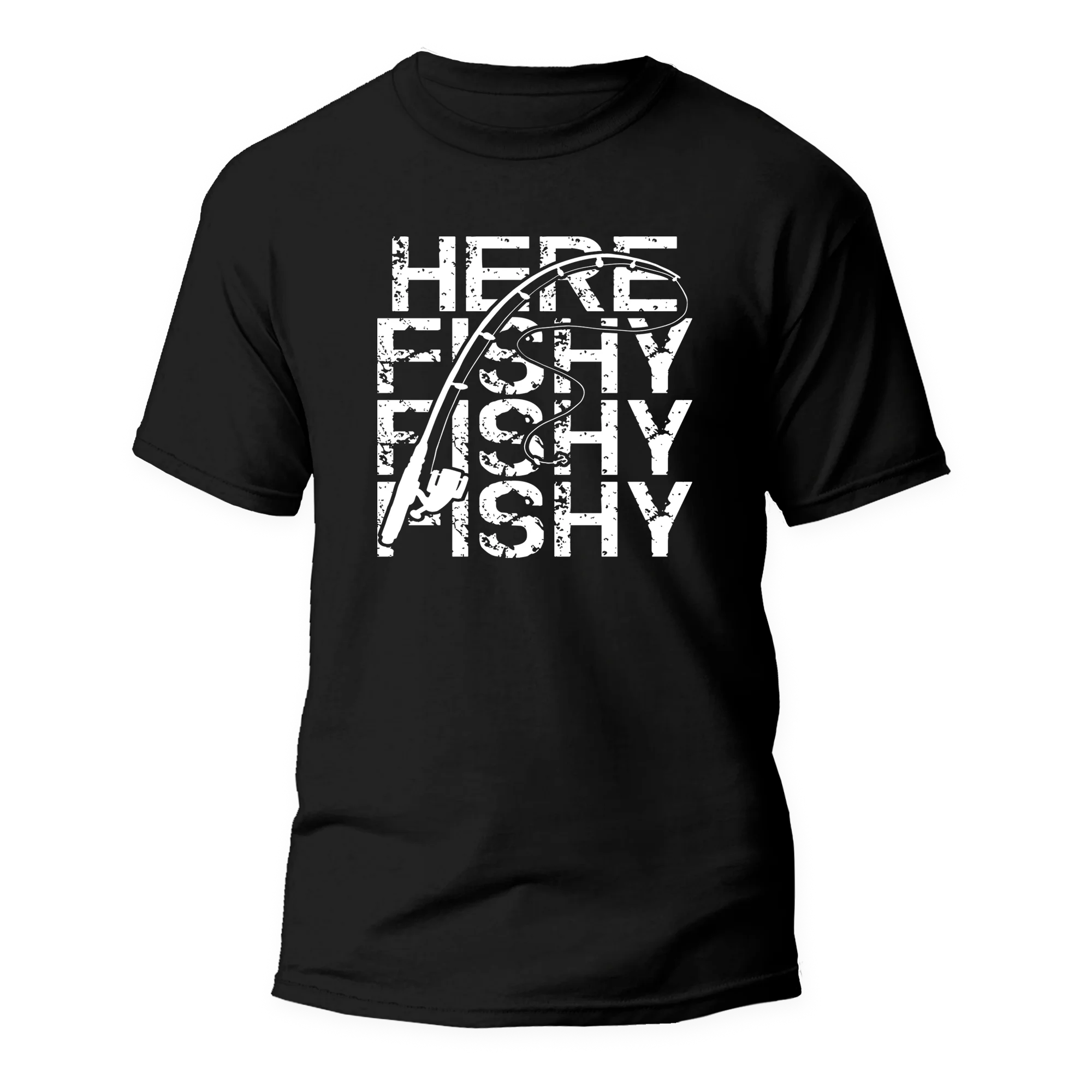 Black Here Fishy Fishy men's T-shirt by Outdoorzees featuring a playful fish graphic on the front.