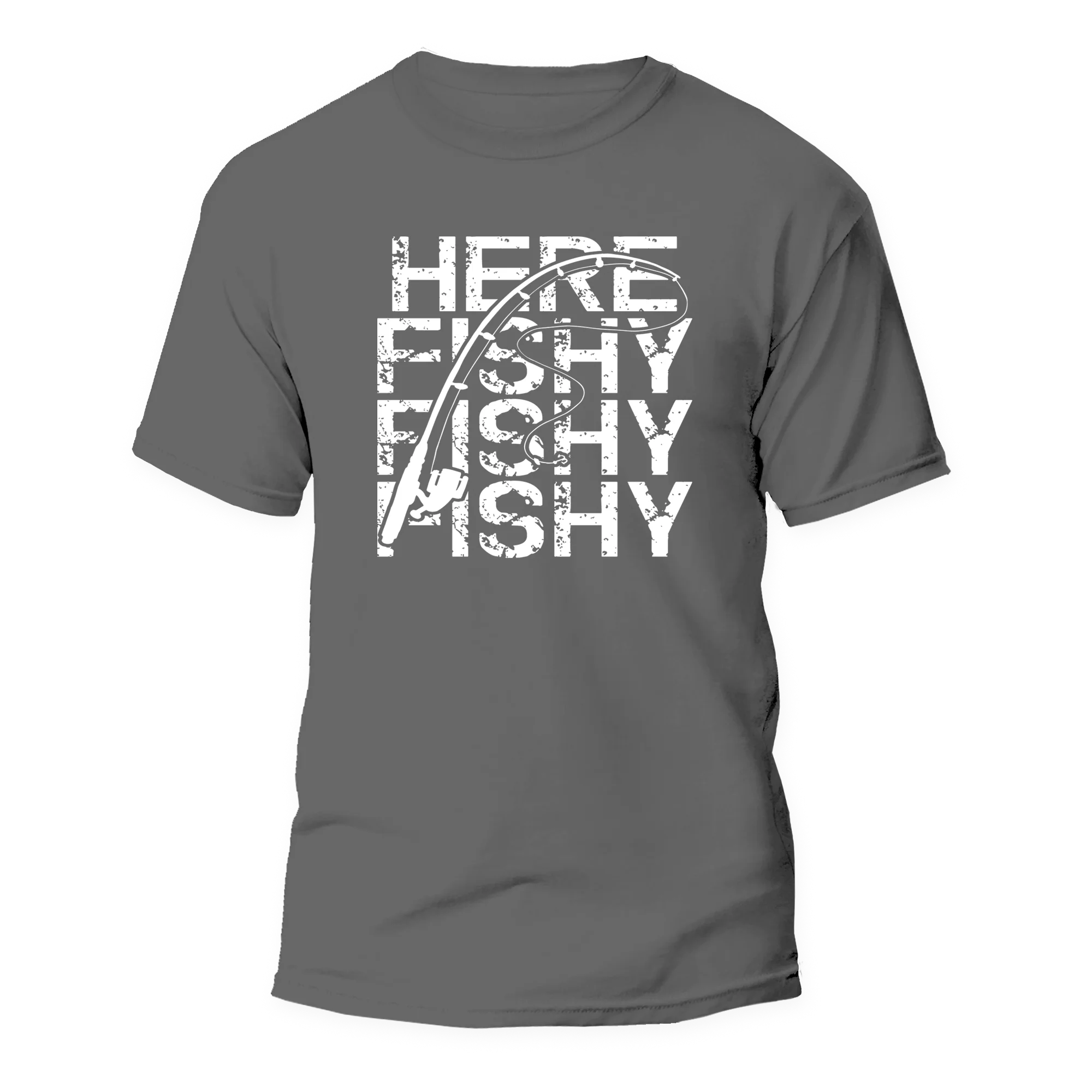 Gray Here Fishy Fishy men's T-shirt by Outdoorzees featuring a playful fish graphic on the front.