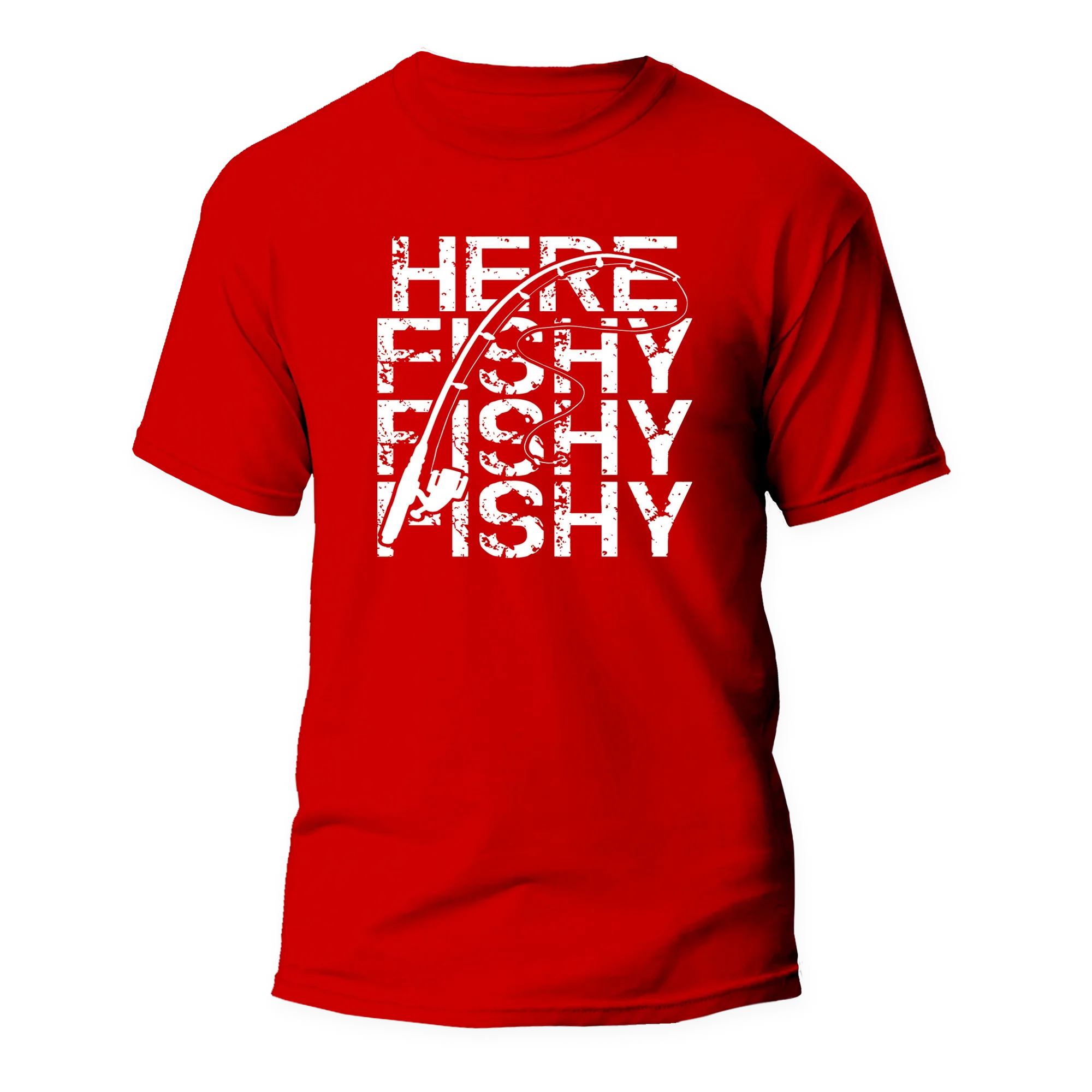 Red Here Fishy Fishy men's T-Shirt by Outdoorzees featuring a playful fish graphic on the front.