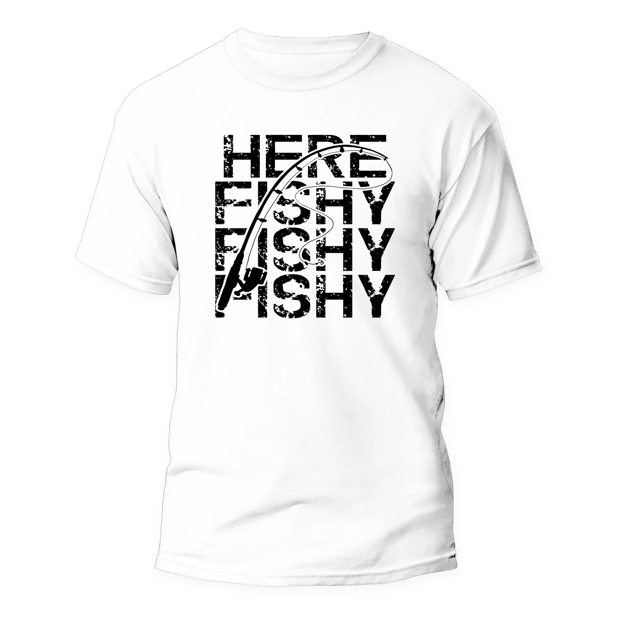 White Here Fishy Fishy men's T-shirt by Outdoorzees featuring a playful fish graphic on the front.