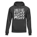 Black Here Fishy Fishy unisex hoodie by Outdoorzees featuring a playful fish graphic on the front.